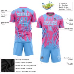 Maillot de football personnalisé rose bleu clair et blanc par sublimation